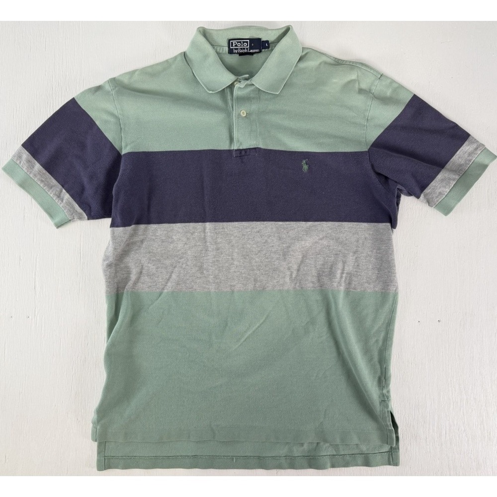 Vintage Polo Ralph Lauren Men Size L Color Block Shirt 90s Blue Green Gray‎ Y2K